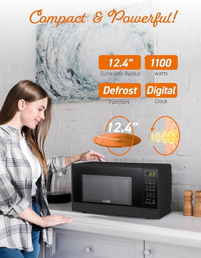 COMMERCIAL CHEF 1.1 Cu Ft Microwave with 10 Power Levels, Small Microwave with Push Button, 1100W with Kitchen Timer, Door Lock, & Digital Controls, Black