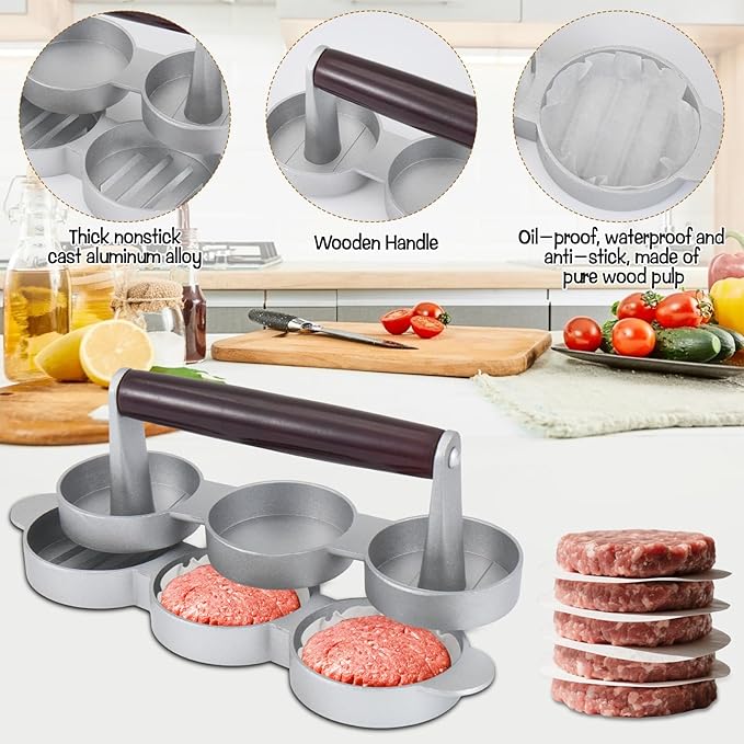 Mini Burger Press Small Meat Patty Maker with 200 Patty Papers Round Shape Press Patty Maker for Mini Hamburger, Barbecue, Picnic, Camping, Three 2.56-inch molds (3 Slots+200 Patty Papers)