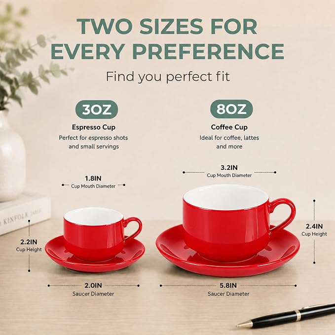 3 Ounce Espresso Cups Set of 4, Stackable Demitasse Mugs, Includes Display Stand, Cups Saucers, and Spoons, for Machines & Home Use, Red, Gold Tone