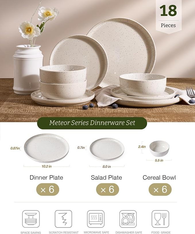 Famiware Meteor Plates and Bowls Sets, 18-Piece Stoneware Dinnerware Sets, Dishes Set for 6, Microwave and Dishwasher Safe Tableware, Creamy White