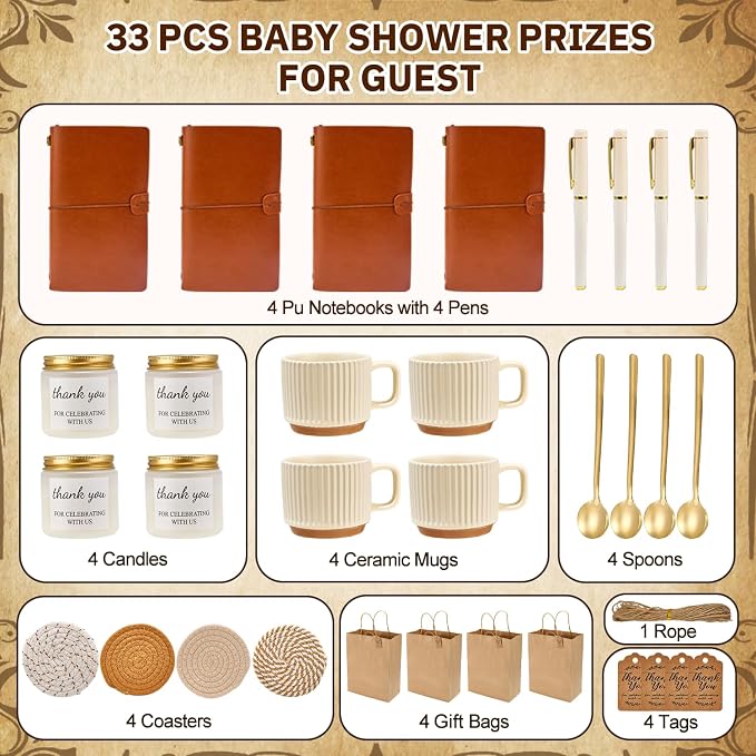 Baby Shower Prizes for Game Winners Baby Shower Games Prizes Ceramic Mugs with Metal Spoons Woven Coasters Notebooks Scented Candles Gift Bags Wedding Bridal Shower Favors for Guests (4, Brown)