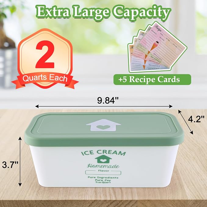 cyrico Ice Cream Containers for Homemade 2 Pack 2 Quart Each, Reusable Ice Cream Containers with Silicone Lids Sorbet Frozen Yogurt Storage Set BPA Free Stackable Leakproof Dishwasher Freezer Safe