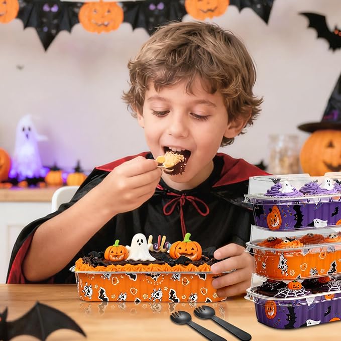 100Pack Halloween Mini Cake Pans Disposable Mini Loaf Pans with Lids and Spoons, 6.8Oz Aluminum Foil Pans Tins, Individual Dessert Cups Containers for Sales,Party,Picnics