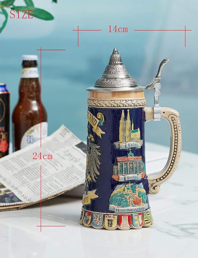 HAUCOZE Beer Stein Mug German Coats of Arms Drinking Viking Tankard with Pewter Lid Birthday Gifts for Men Father Husband 0.6 Liter