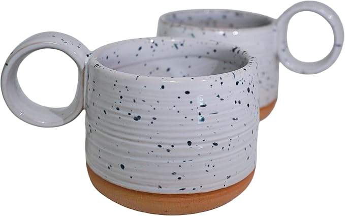 Bossa Stoneware Ceramic Cappuccino Cup 8oz White Set of 2 | Handcrafted Specialty Coffee Mug with Glazed Glossy Finish, Raw Unglazed Base & Large Handle | Microwave & Dishwasher Safe