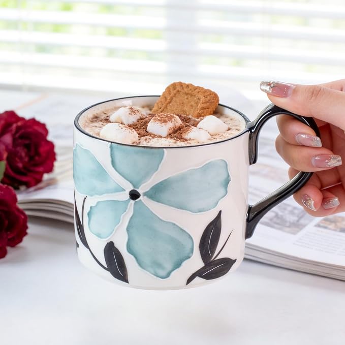 KAMMAK Ceramic Mug - Hand-Painted Coffee and Tea Mug - 400ML Vintage Breakfast Cups - Cute Mugs for Women - Ideal for Birthday - Afternoon Tea & Housewarming Gifts, GX015