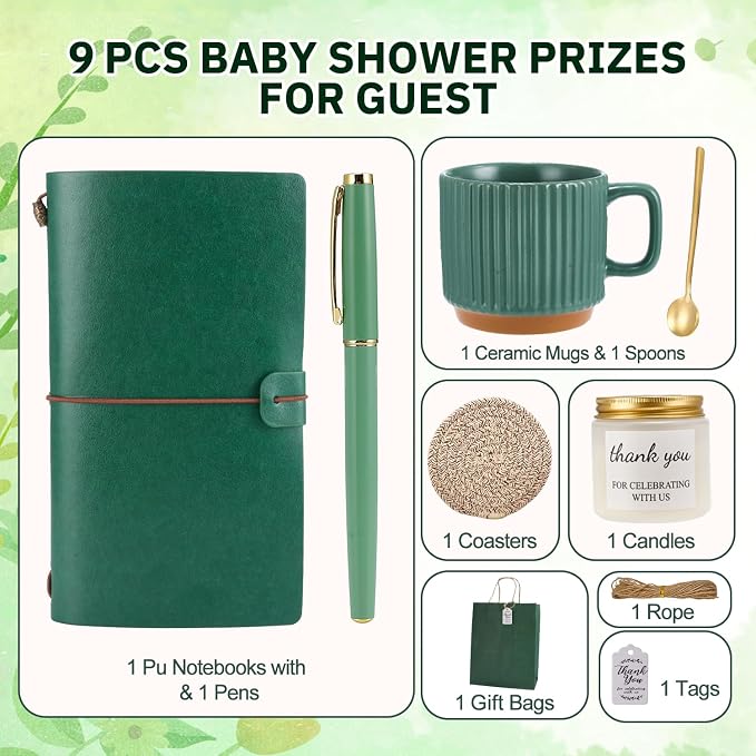 Baby Shower Prizes for Game Winners Baby Shower Games Prizes Ceramic Mugs with Metal Spoons Woven Coasters Notebooks Scented Candles Gift Bags Wedding Bridal Shower Favors for Guests (1, Green)