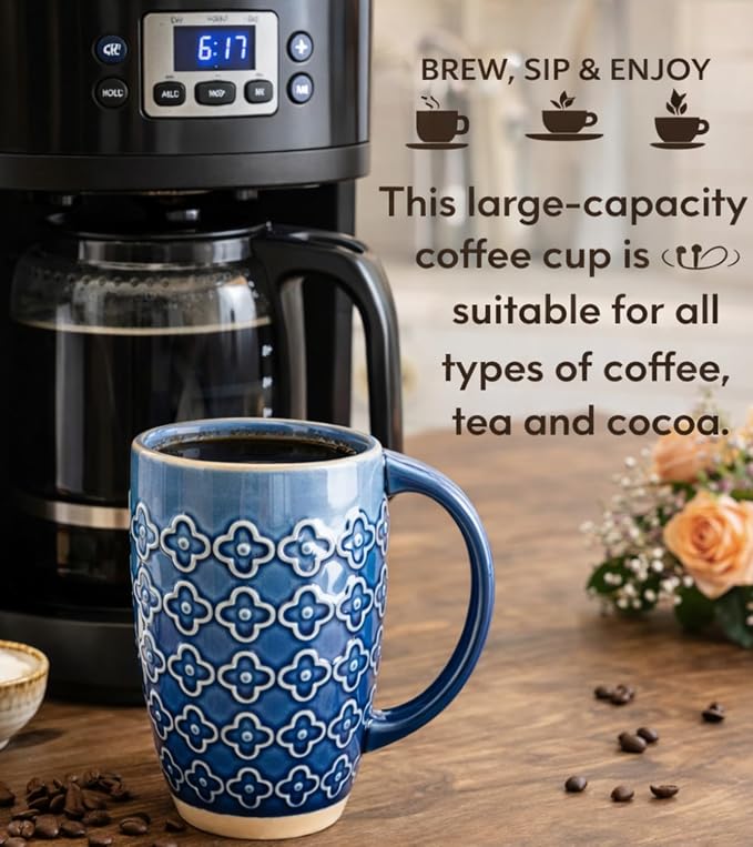 GBhome 20oz Large Coffee Mugs Set of 6, Handmade Tall Ceramic Coffee Mugs with Texture Patterns for Cappuccino, Latte,Hot Cocoa, Dishwasher & Microwave Safe-Moonlight Blue