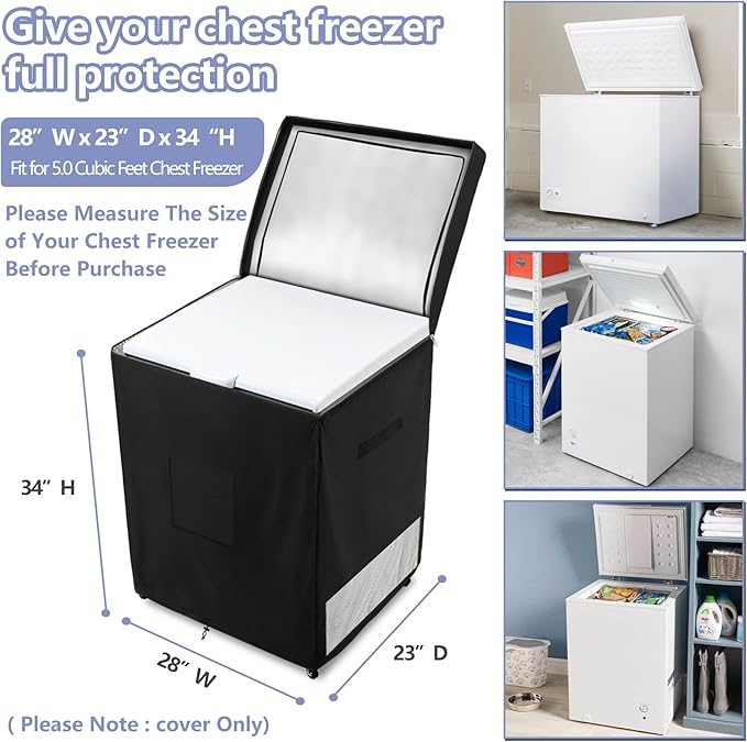 Deep Freezer Covers for Outside,Heavy Duty 600D Durable Chest Freezer Cover Waterproof,Outdoor Freezer Covers for Outside 5.0 Cubic Feet Chest Freezer,Top with Zipper to Open(28"W x 23"D x 34"H,Black)