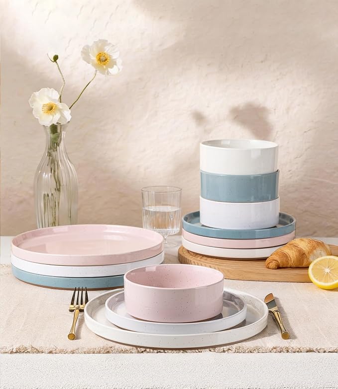 AmorArc Ceramic Dinnerware Set for 4 | Handpainted Stoneware Plates and Bowls with Rustic unglazed terracotta | Scratch Resistant, Dishwasher & Microwave Safe Dishes Sets- 12-Pcs Colorful