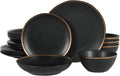 Gibson Elite Kings Road Double Plates and Bowl Organic Round Porcelain Dinnerware Set - Matte Black w/Gold Rim