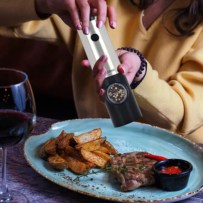 Electric Salt or Pepper Grinder Battery Operated, Automatic Salt and Pepper Mill Grinder Shakers with LED Light, Adjustable Coarseness, Include Brush and Spoon, Stainless Steel 1 PACK