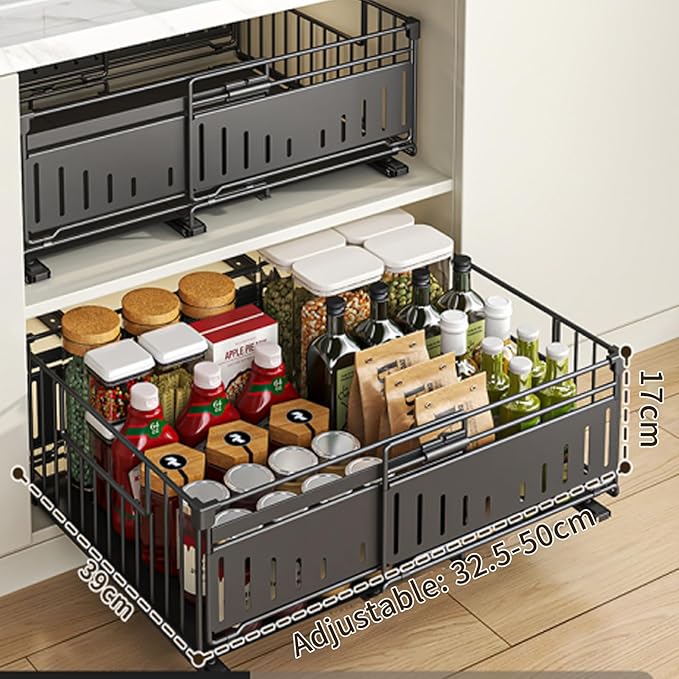 Expandable Pull Out Cabinet Organiser, No Drill Adhesive Slide Out Kitchen Drawer Shelf Durable Metal for Under Sink, Cupboard, Pantry, Adjustable Width (12.8"-19.7") (Style A Black, 1 Pack)