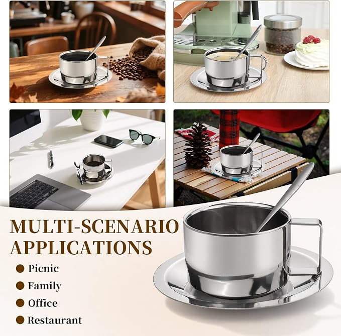 304 Stainless Steel Coffee Cups with Spoon & Saucer, 6.8 Oz Metal Espresso Mugs, Double Walled Insulated Espresso Coffee Cup for Cappuccino Latte Milk Tea Beverages (1 Set，200 ml)