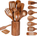 MYRAINBOW Wooden Spoons for Cooking, 10-Piece Teak Wooden Cooking Utensil Set with Holder, Nonstick, Heat Resistant Kitchen Utensils, Durable Wooden Cooking Spoons, Kitchen Cooking Gifts for Women Men