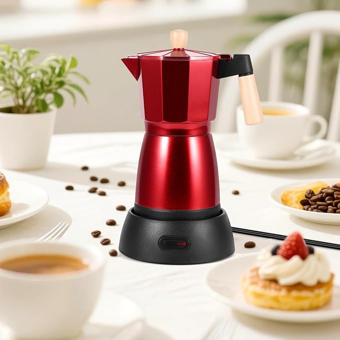 Moka Pot Electric Espresso Coffe Maker, 300ml 6 Cups Portable Coffee Pot with Overheat Protection and Detachable Base, Electric Espresso Maker, 450W, Red