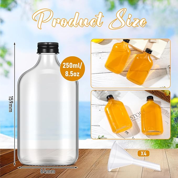 Gejoy 24 Pcs Mini Liquor Bottles Reusable Glass Flask Bottles with Black Caps Clear Empty Alcohol Shot Jars Small Champagne Jars with 4 Funnels for Wine Weddings Party Favors Christmas (8.5 oz)