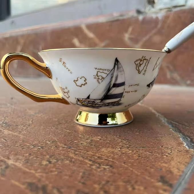 Honorable Coffee Cup Mug, Cappuccino, Tea Cup, with Saucer for Latte, Fine Bone Porcelain, Reactive Glaze, 6.8 Oz-1pcs (The Navigation Age)