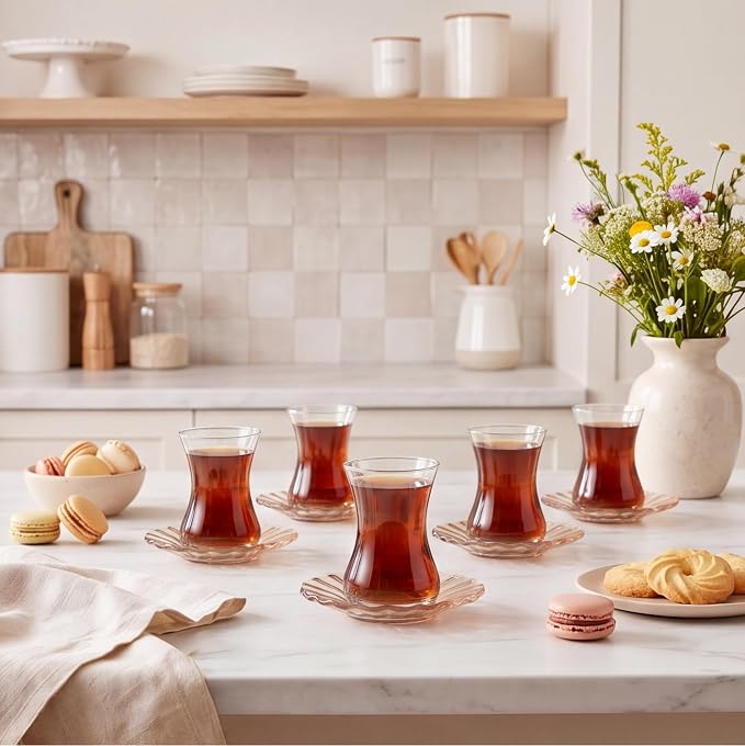 Karaca Luna 12-Piece Turkish Tea Cups for 6 People, 4.4 fl oz Turkish Tea Glasses Set with Elegant Light Brown Glass Saucers