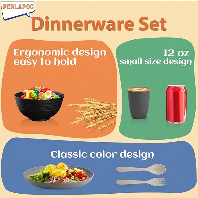 20 PCS Wheat Straw Plates and Bowls Sets,Kids Dishes Dinnerware Sets for 4,Unbreakable Kitchen Plates and Bowls Set for Travel Dishwasher & Microwave Safe Lightweight Dishes Set - BlackGrey