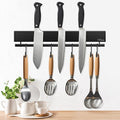 Dmore magnetic knife holder for wall—with 5 hooks, No Drilling 12 Inch black knife magnetic strip, Extra Strong Magnet knife rack, include Adhesive Tape and screws for Knives and Tools