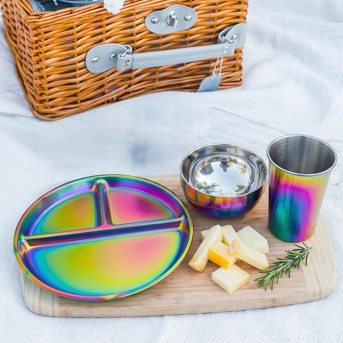 12-Piece Stainless Steel Rainbow Dinnerware Set for 4 | Unbreakable Reusable, Divided Plates Bowls Cups, Round, Dishwasher Safe, For Kitchen Camping Picnic RV