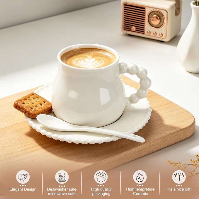 8 oz Ceramic Cappuccino Cups with Saucers and Spoons, Set of 4 Coffee Cup Mugs for Latte, Au Lait, Flat White, Mocha, Tea, Elegant Tea Mugs Set, Dishwasher & Microwave Safe