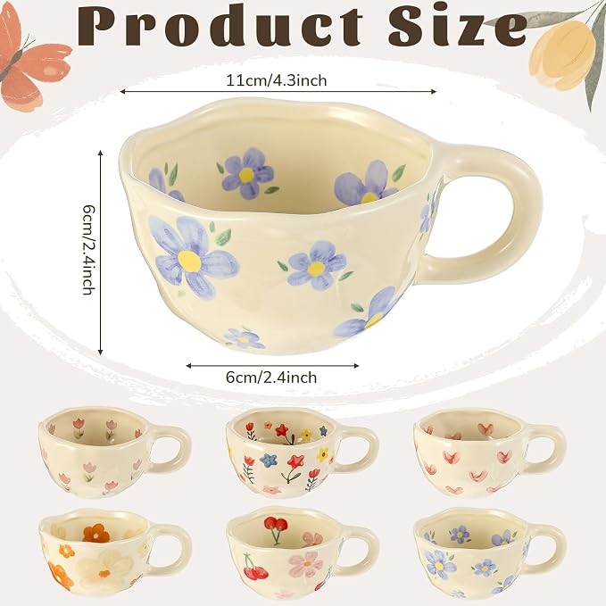 Maxdot 6 Pcs 12oz Ceramic Coffee Mugs Sets Glazing Process Cappuccino Mug Floral Ceramic Tea Cups Idea Gift Set for Women Porcelain Cup for Coffee, Cocoa, Tea, Latte (Retro) (Cute)