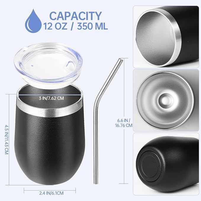 Volhoply 12oz Stainless Steel Wine Tumbler with Lid Bulk 24 Pack,Double Wall Vacuum Stemless Wine Glasses,Reusable Metal Travel Coffee Mug with Straw,Insulated Cups Gifts for Christmas（Black,24 Set）