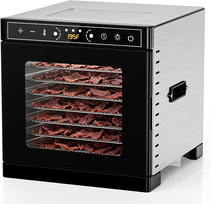 Food Dehydrator, 8 Stainless Steel Trays Food Dryer with Visible Skylight and Built-in Lighting, 195°F Dehydrated Dryer for Jerky, Pet Treats, Herbs, Meat, Fruit and Yogurt, Silver
