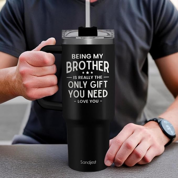 SANDJEST Brother Gift from Sister, 40oz Stainless Steel Insulated Coffee Tumbler With Lid & Straw, Travel Mug for Men, Christmas Birthday Father's Day