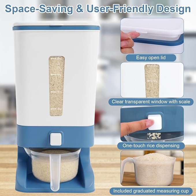 Mity rain Rice Dispenser 20 Lbs with Moisture Absorbing Clay, Rice Storage Container with Measuring Cup, 12 L Cereal Containers Storage Airtight for Kitchen Pantry Organization Blue