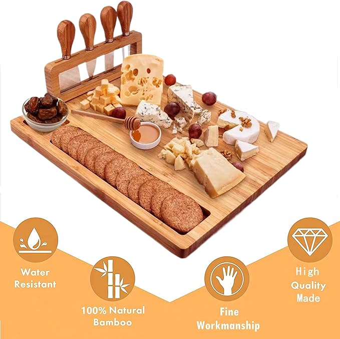 Cheese Board Charcuterie Board Set: Bamboo Cheese Tray Cheese Board Set, Wine Meat Serving Platters with Cheese Knife Set, Charcuterie Boards Gift Set for House Warming, Wedding, Anniversary