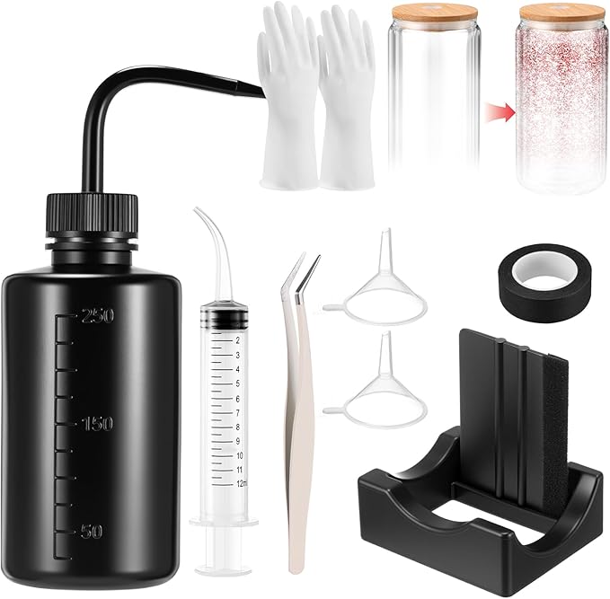 Datanly 10 Pcs Snow Globe Tumbler Supplies for Glitter, Snow Globe DIY Kit-Plastic Squeeze Bottle Silicone Cup Cradle Funnel Tweezers Bent Syringe for Cup Making Tumbler Craft Supplies (Black,White)