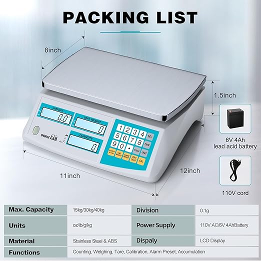 Counting Scale 40kg/88lb x 0.1g Industrial High Precision Scale with Battery for Small Parts, Coins, Pieces, Jewelry, Tickets(lb/oz/g/kg)