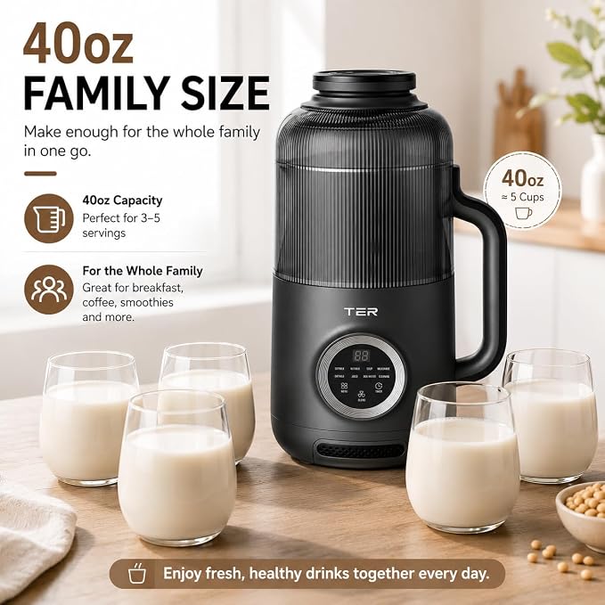 TER 40oz Nut Milk Maker Machine, Automatic Soy Milk Maker with 8 Smart Preset Programs, Almond Oat Soy Plant-Based Milk Maker with 12H Delay Start, Keep Warm, Self-Cleaning