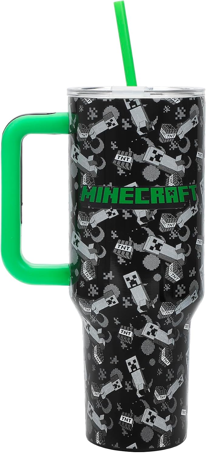 Bioworld Minecraft Creeper & TNT 40 Oz Black Stainless Steel Tumbler With Handle