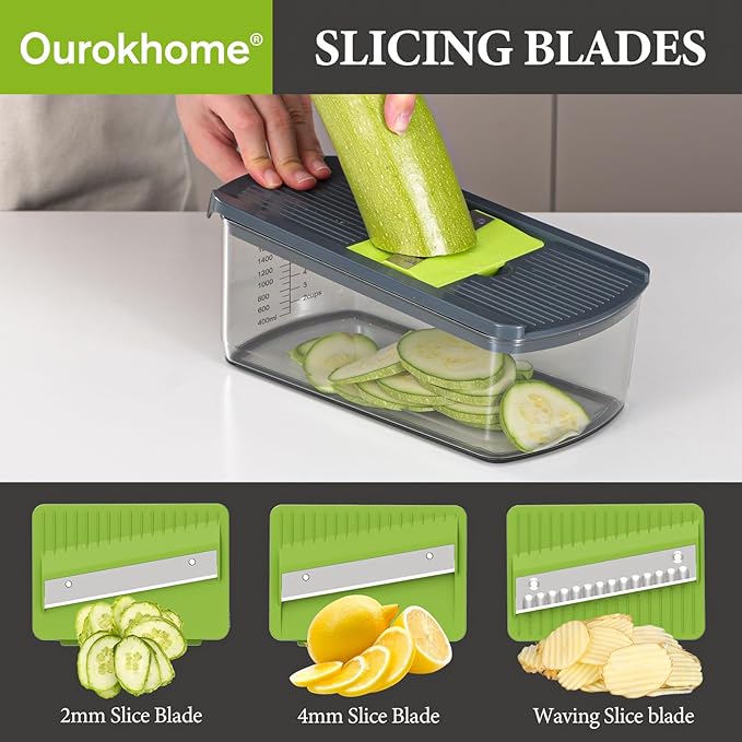Ourokhome Mandolin Vegetable Slicer, 6 in 1 Multifunctional Veggie Slicer Shredder with Container, Vegetable Chopper Onion Cutter with Container, Multifunctional Food Chopper Veggie Dicer with 2 Blade