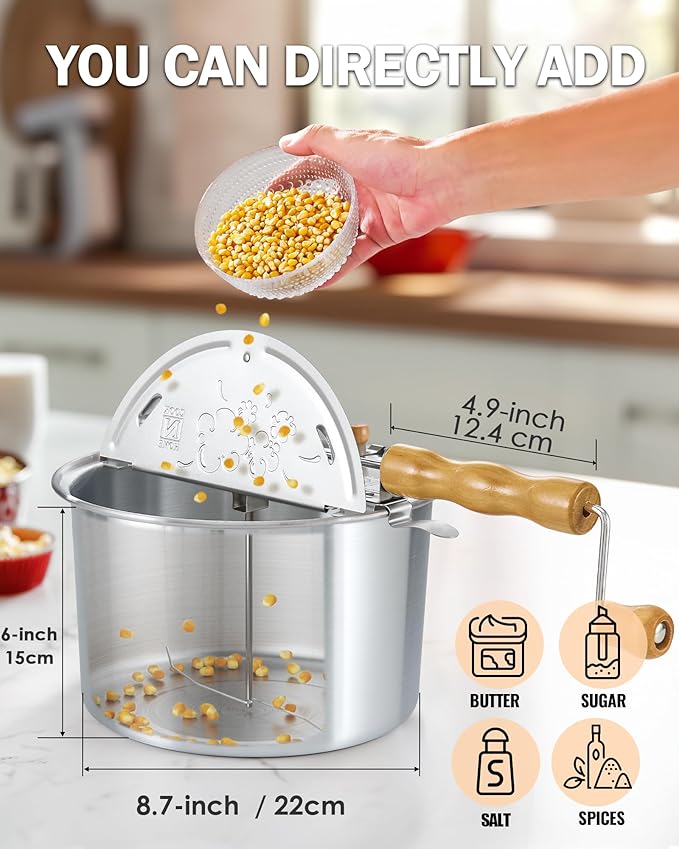Cook N Home Stovetop Popcorn Popper with Crank, 6-Quart Aluminum Popcorn Pot, Silver