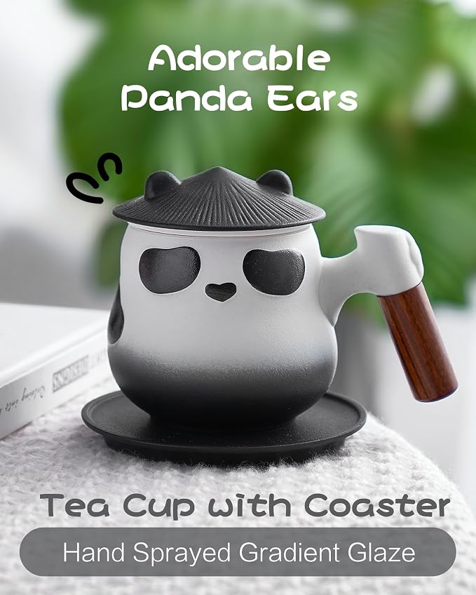ZENS Tea Cup with Infuser and Lid, 11 oz Cute Panda Tea Mug with Strainer and Coaster for Loose Leaf Tea Steeper, Ceramic Tea Cup for Daughter, Collector's Mug Gifts