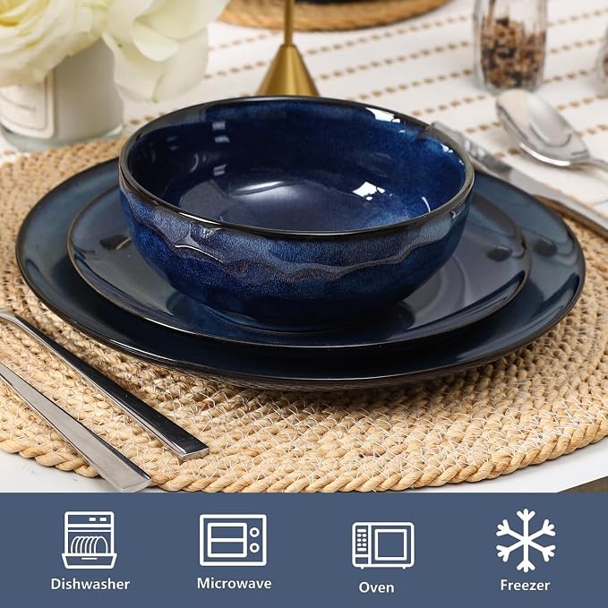 Vicrays Ceramic 24 Pieces Dinnerware Set - Dinner Plates Salad Plates Cereal Bowls Set Service for 8 - Scratch Resistant Microwave Oven Dishwasher Safe - Starry Blue