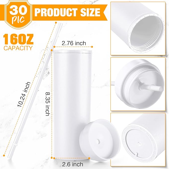 Mimorou 30 Pack Skinny Tumbler with Lids and Straws 16 oz Matte Acrylic Tumblers Straight Double Wall Plastic Reusable Cup Laser Engrave Customized DIY Gifts for Parties Birthday Home Office (White)