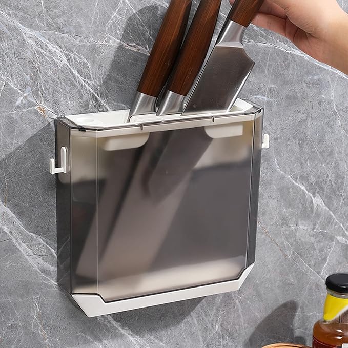 Zerodis Kitchen Knife Holder, Multi Slot Knife Organizer, Plastic Wall Mount, Knife Storage, Easy to Use, Water Tray, Side Hooks, Space Saving, Gray