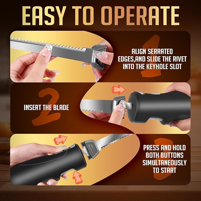 Electric Knife Set with 7-Inch Stainles Steel Blades, Safety Lock Button & Knife Stand, Ideal for Carving, Slicing & Cutting Meats, Turkey Bread & Craft Foam, Dishwasher Safe, Black