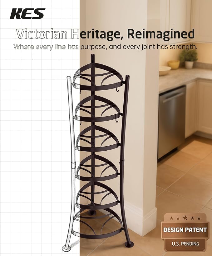 KES Oiled Bronze Freestanding Pot Rack, 6-Tier Cast Iron Cookware Stand with 6 Hooks, Pots and Pans Storage Tower for Kitchen, Stable Base, 264 Lbs Capacity, Anti-tip Strap & Floor Protectors