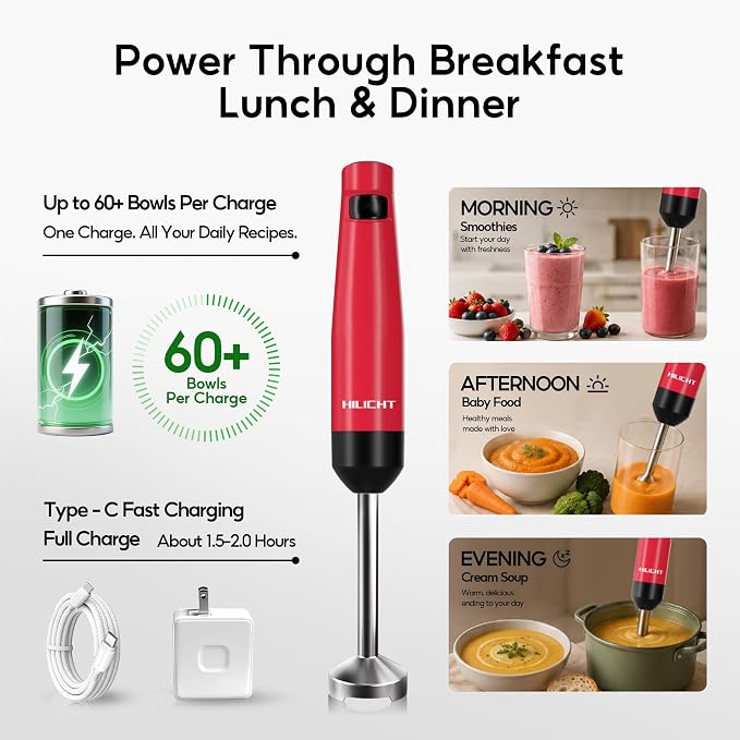Cordless Immersion Blender, 3-in-1 Hand Blender with Charger | Blend Anywhere: Wall Charger, Brushless Motor, Whisk & Frother, 60+ Bowls, Smoothies, Soup, Baby Food