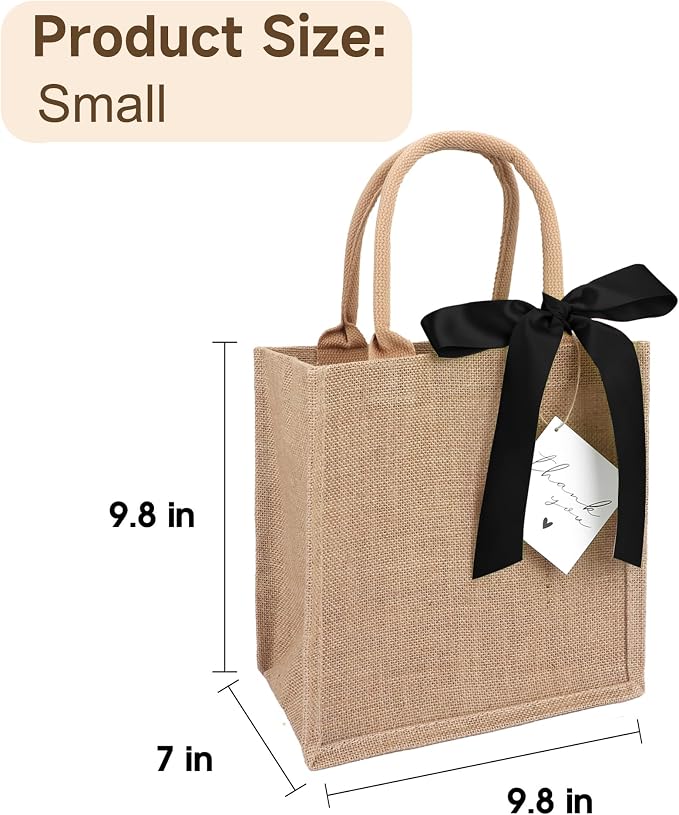 6 Pack Burlap Tote Bags with Handles Reusable Small Jute Gift Bags with Black Silk Ribbons Waterproof Lining for Wedding Bridesmaid Mother's Day Bachelorette Beach Party
