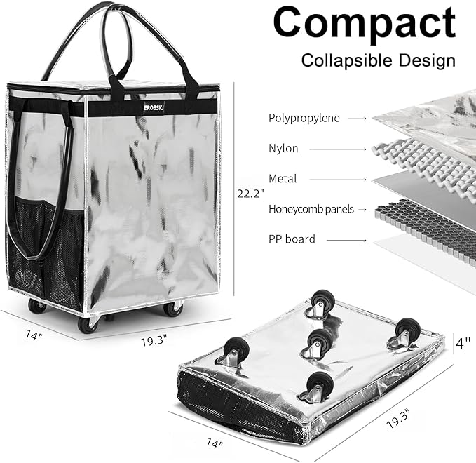 (Large,Silver)Reusable Grocery Bag on Wheels, Foldable Rolling Tote, Carries Up to 76 lbs Shopping Trolley, Zipper Clouser Shopping Carts for Trips, Laundry, 5 Heavy Duty Wheels and 3 Handles