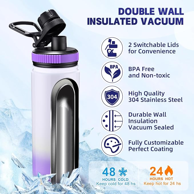 Sublimation Sports Water Bottle Blanks, 20oz Sublimation Tumblers Double Wall Stainless Steel Sublimation Cups with Wide Mouth Lid and Straw 6 Packs Purple