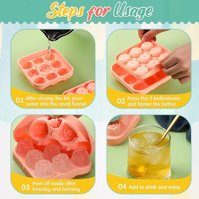 Censen 4 Pcs Silicone Rose Ice Cube Mold with Covers Fun Shapes Flower Ice Cube Mold Trays Maker 9 Cavity Easy Release Form for Whiskey Bourbon Cocktails Wine Coffee Juices and More